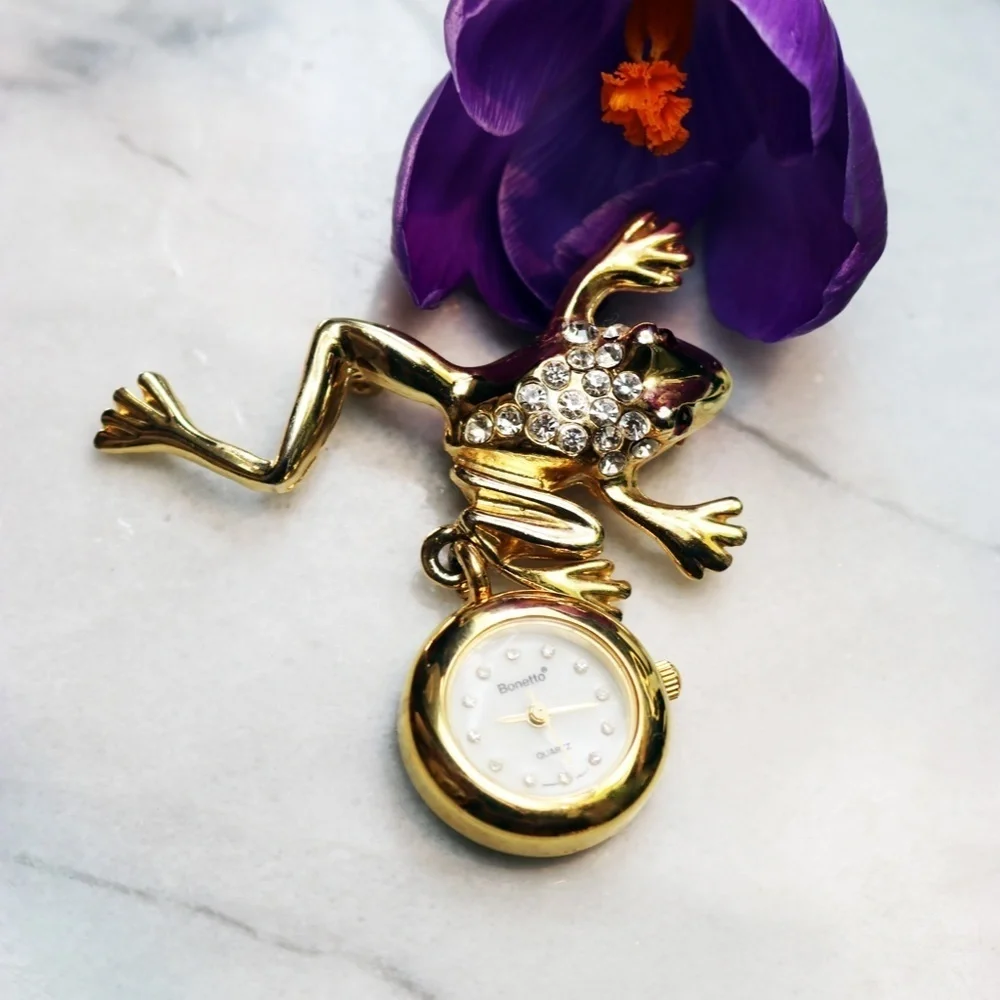 Vintage Bonetto Crystal Frog Watch Brooch